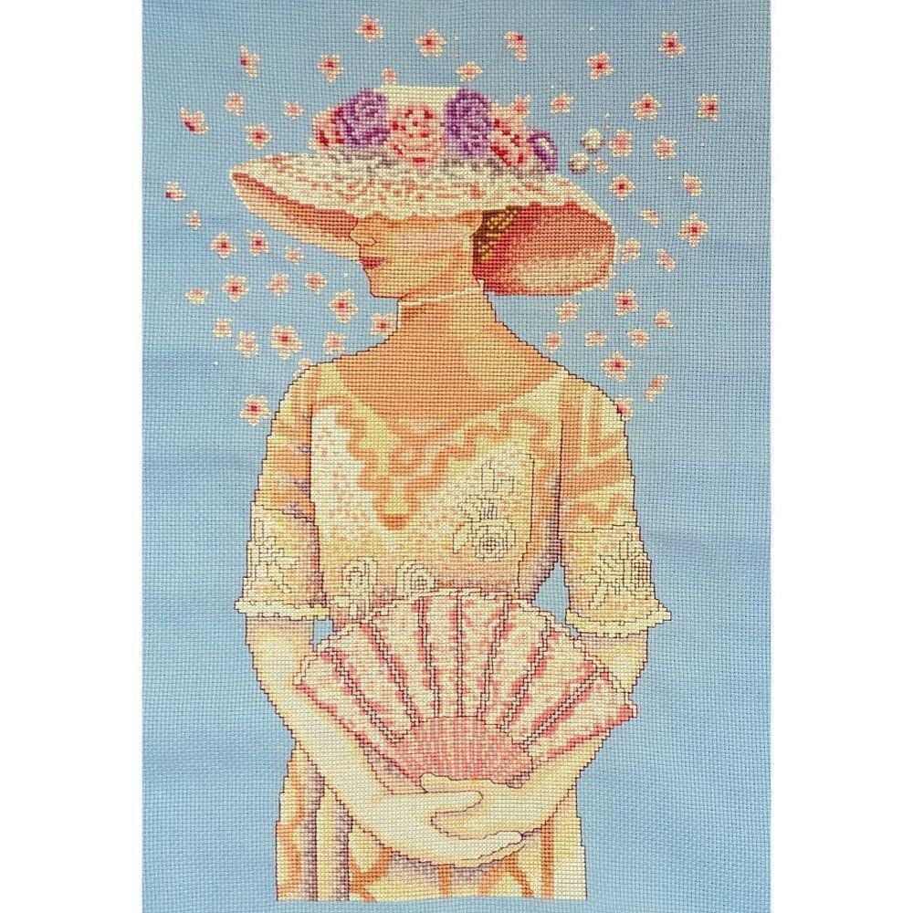 Completed Counted Cross Stitch Victorian Lady Hat Fan Aida Beautifully Stitched